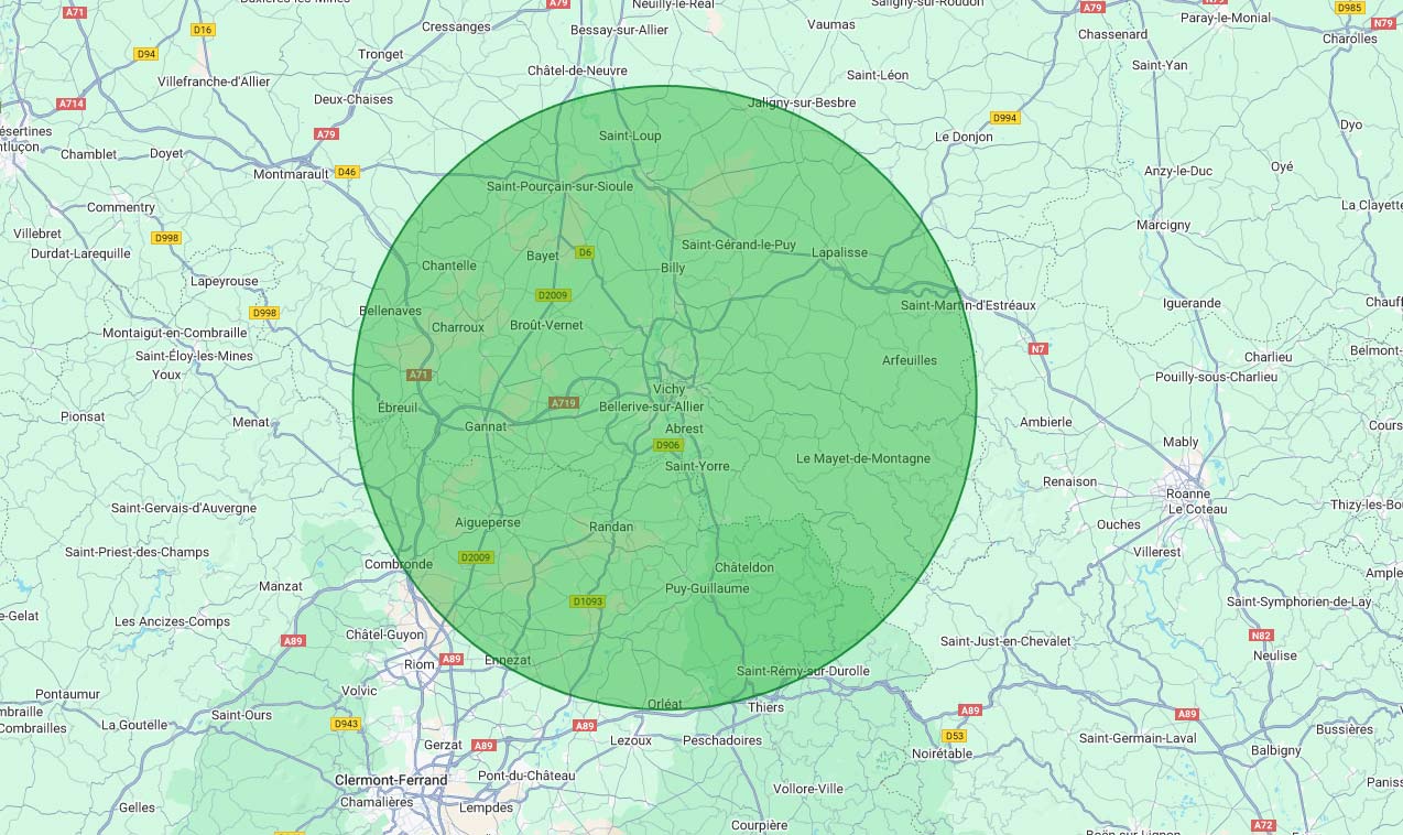 Carte zone desservie par la société Bend Info, dépannage informatique à domicile autour de Vichy